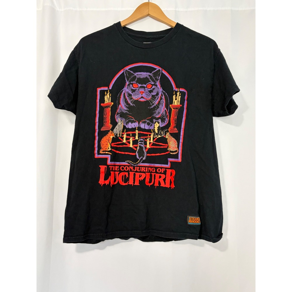 Steven Rhodes The Conjuring of Lucipurr Black Graphic T-Shirt Large Cat Ritual